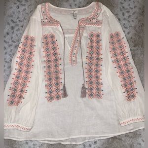 Joie Gauzy White Embroidered Tassel Top